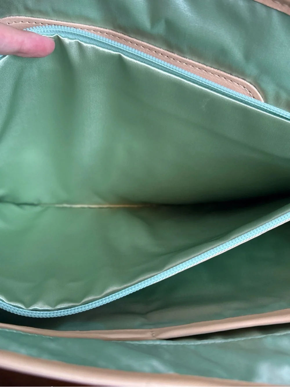 Dominie Green Patterned Tote with Tan Trim and Straps
